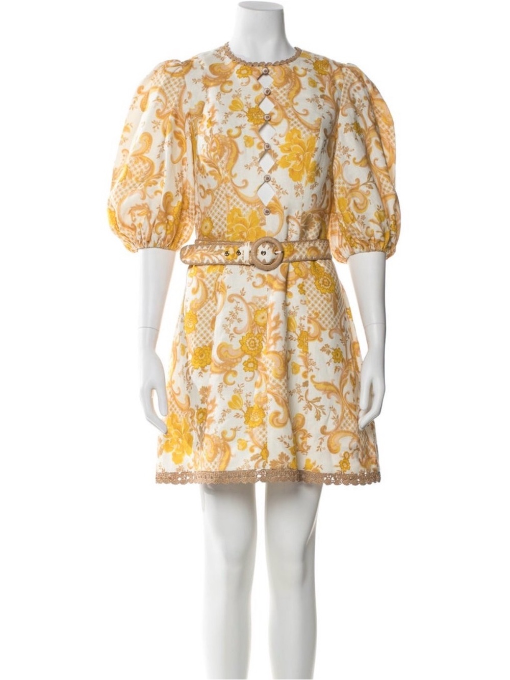 Zimmermann White and Yellow Floral Puff-Sleeve Mini Dress